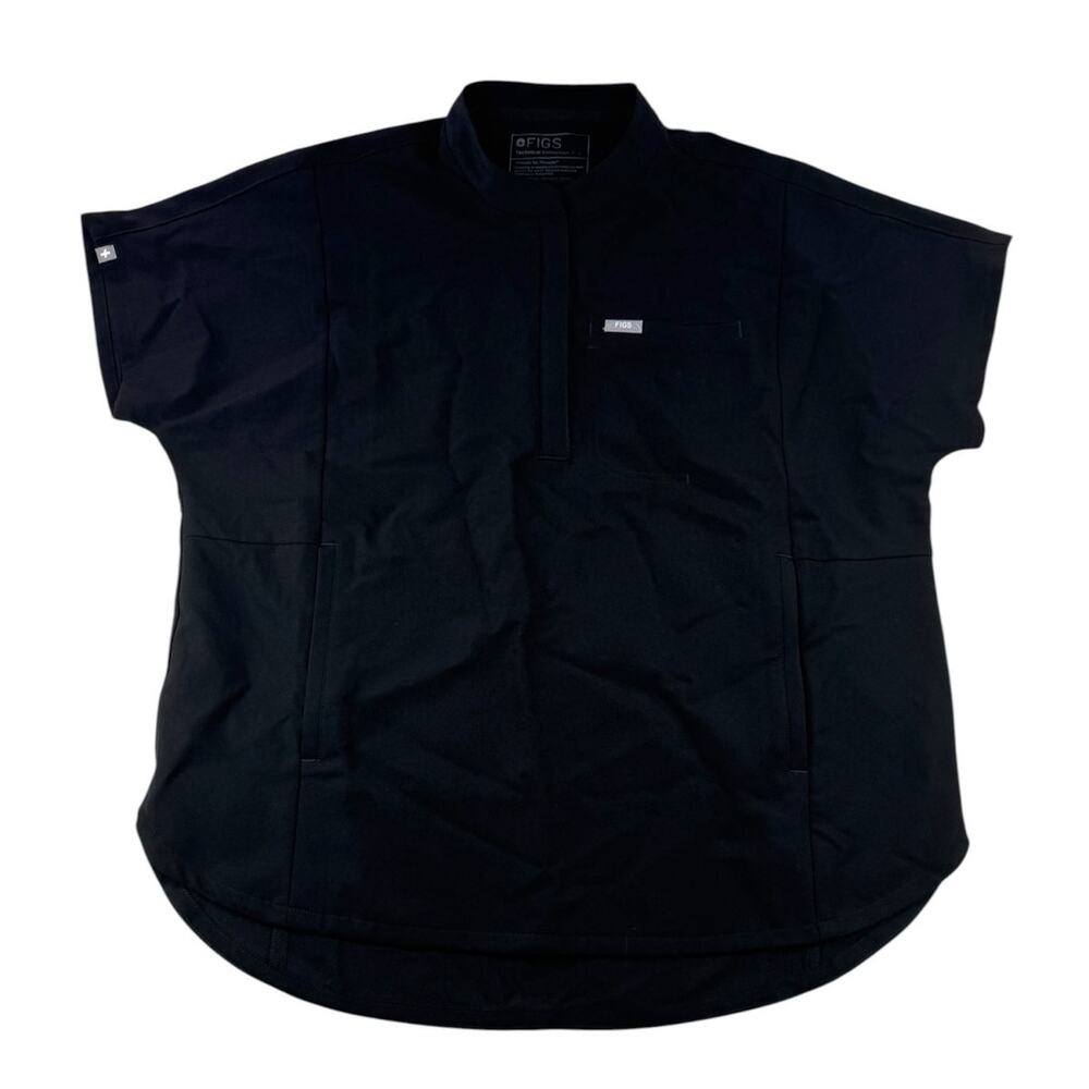 Figs Montex Relaxed Scrub Top L Black Short Sleeve Quarter Zip Mock Neck Medical